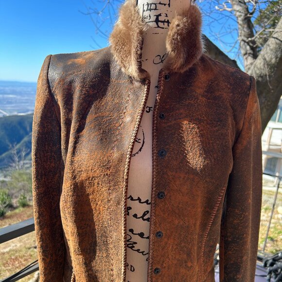 HOSS COUTURE Upscale Genuine Leather Jacket w/ Beaver Fur Collar + Cuffs, S/M - Picture 1 of 16
